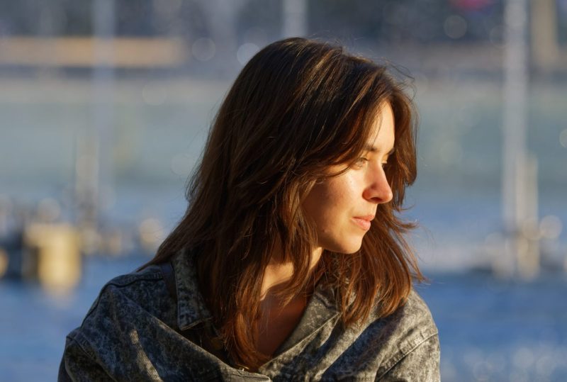 brunette woman looking to side - good slide image