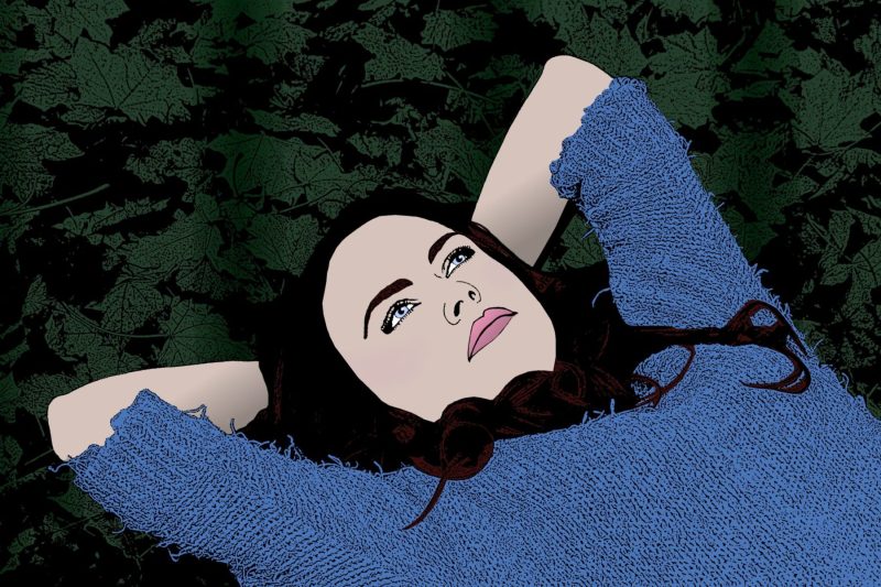 drawing of woman laying on leaves looking up to heavens