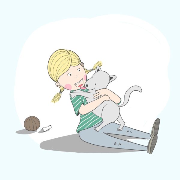 drawing of happy girl holding happy puppy