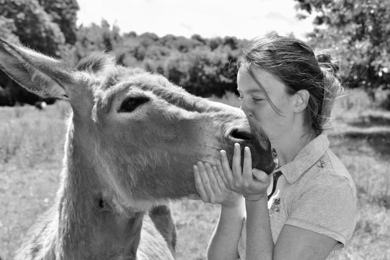 young woman kissing donkey black and white